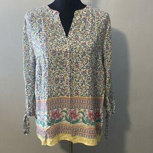 Artisanony Blouse Flowers Butterflies Lightweight Summer Split Neck Top Sz L